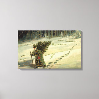 Vintage Christmas, Santa Claus Carrying a Tree Canvas Print