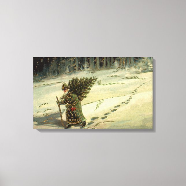 Vintage Christmas, Santa Claus Carrying a Tree Canvas Print (Front)