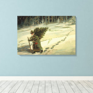 Vintage Christmas, Santa Claus Carrying a Tree Canvas Print