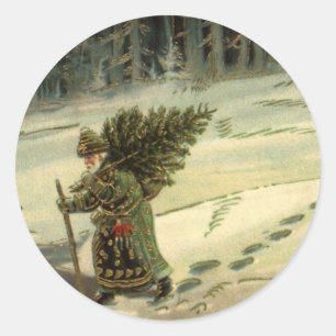 Vintage Christmas, Santa Claus Carrying a Tree Classic Round Sticker