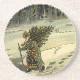Vintage Christmas, Santa Claus Carrying a Tree Coaster