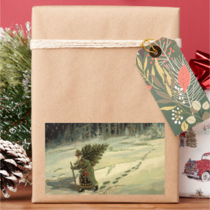 Vintage Christmas, Santa Claus Carrying a Tree Rectangular Sticker