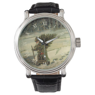 Vintage Christmas, Santa Claus Carrying a Tree Watch