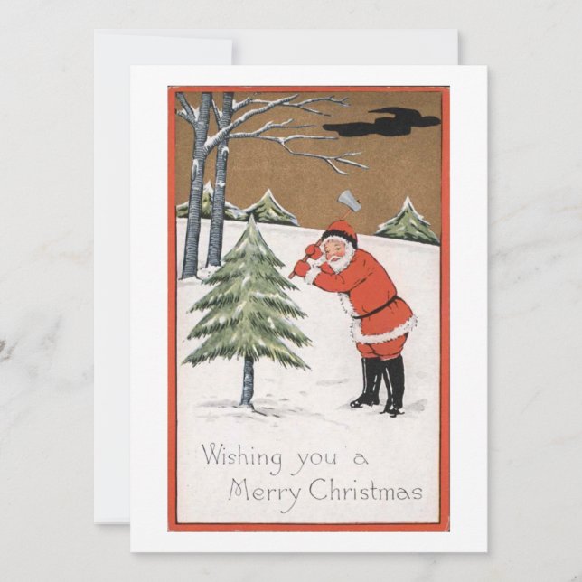 Vintage Christmas Santa Claus Cutting Tree Holiday Card (Front)