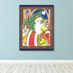 Vintage Christmas, Santa Claus Deer in Forest Canvas Print