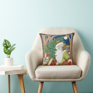 Vintage Christmas, Santa Claus Deer in Forest Cushion