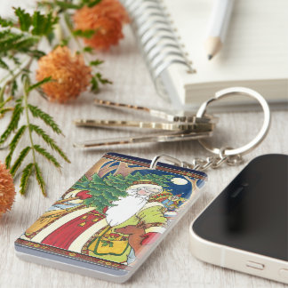 Vintage Christmas, Santa Claus Deer in Forest Key Ring
