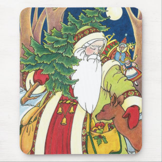 Vintage Christmas, Santa Claus Deer in Forest Mouse Pad