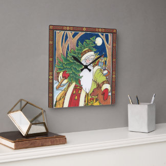 Vintage Christmas, Santa Claus Deer in Forest Square Wall Clock