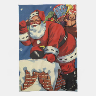 Vintage Christmas, Santa Claus Down Chimney w Toys Tea Towel
