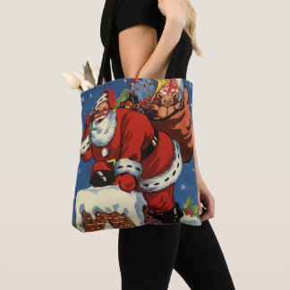 Vintage Christmas, Santa Claus Down Chimney w Toys Tote Bag