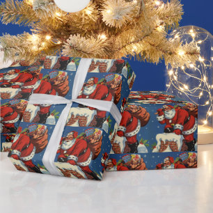 Vintage Christmas, Santa Claus Down Chimney w Toys Wrapping Paper