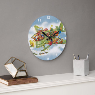 Vintage Christmas, Santa Claus Flying an Aeroplane Large Clock