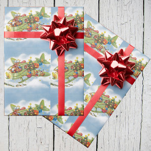 Vintage Christmas, Santa Claus Flying an Aeroplane Wrapping Paper