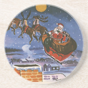 Vintage Christmas Santa Claus Flying His Sleigh Coaster