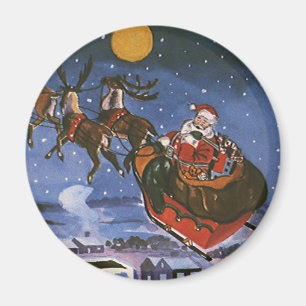 Vintage Christmas Santa Claus Flying His Sleigh Magnet