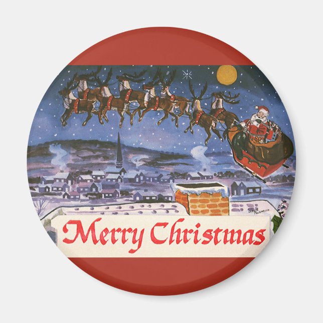 Vintage Christmas Santa Claus Flying His Sleigh Magnet (Front)