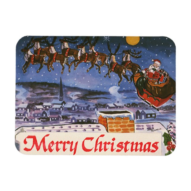 Vintage Christmas Santa Claus Flying His Sleigh Magnet (Horizontal)