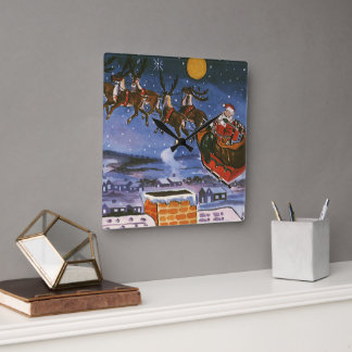Vintage Christmas Santa Claus Flying His Sleigh Square Wall Clock