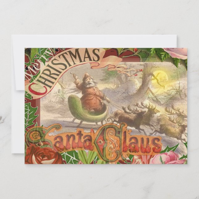 Vintage Christmas Santa Claus Flying Sleigh Holiday Card (Front)