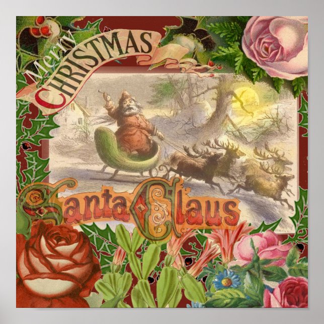 Vintage Christmas Santa Claus Flying Sleigh Poster (Front)
