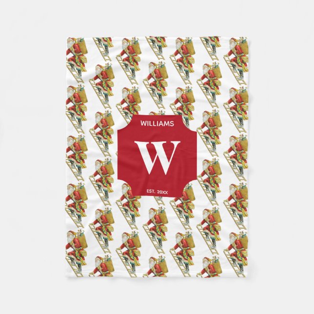 Vintage Christmas Santa Claus & Gifts Monogrammed Fleece Blanket (Front)