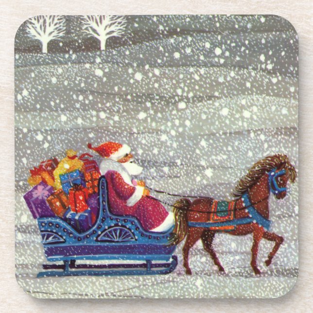Vintage Christmas, Santa Claus Horse Open Sleigh Coaster (Front)