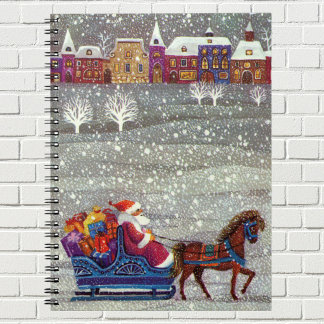 Vintage Christmas, Santa Claus Horse Open Sleigh Spiral Notebook
