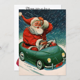Vintage Christmas, Santa Claus in a Cute Car Invitation