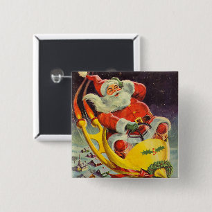 Vintage Christmas, Santa Claus in a Spaceship 15 Cm Square Badge