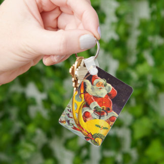 Vintage Christmas, Santa Claus in a Spaceship Key Ring