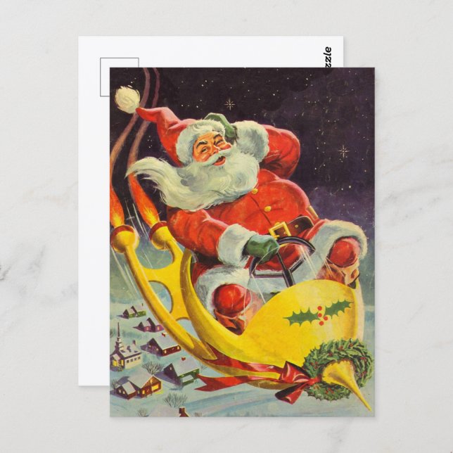 Vintage Christmas, Santa Claus in a Spaceship Postcard (Front/Back)