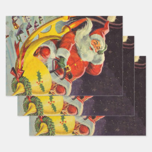 Vintage Christmas, Santa Claus in a Spaceship Wrapping Paper Sheet