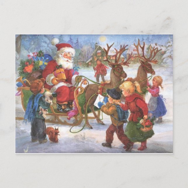 Vintage Christmas Santa Claus In Sleigh Holiday Postcard (Front)