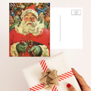Vintage Christmas, Santa Claus in Sleigh with Toys Holiday Postcard