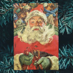Vintage Christmas, Santa Claus in Sleigh with Toys Tea Towel<br><div class="desc">Vintage illustration Merry Christmas holiday image featuring a jolly Santa Claus flying his sleigh with a sack full of games,  toys and dolls. You can see Santa's long white beard blowing in the wind!</div>