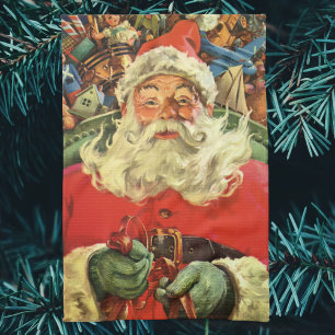 Vintage Christmas, Santa Claus in Sleigh with Toys Tea Towel