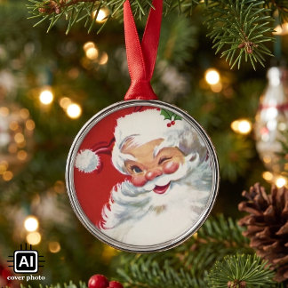 Vintage Christmas Santa Claus, Jolly and Winking Metal Tree Decoration