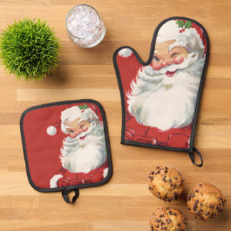 Vintage Christmas Santa Claus, Jolly and Winking Oven Mitt & Pot Holder Set
