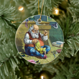 Vintage Christmas, Santa Claus Making Toy Dolls Ceramic Tree Decoration