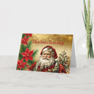 Vintage Christmas Santa Claus, Red Poinsettia Holiday Card
