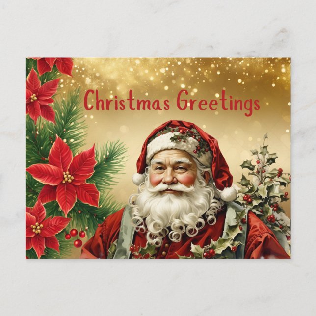 Vintage Christmas Santa Claus, Red Poinsettia Holiday Postcard (Front)
