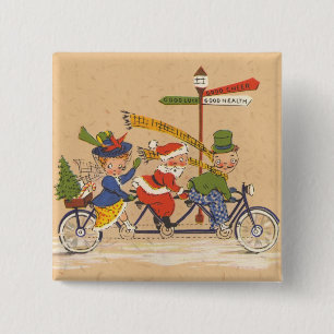 Vintage Christmas, Santa Claus Riding a Bicycle 15 Cm Square Badge
