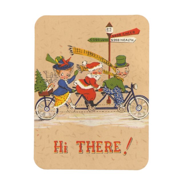 Vintage Christmas, Santa Claus Riding a Bicycle Magnet (Vertical)