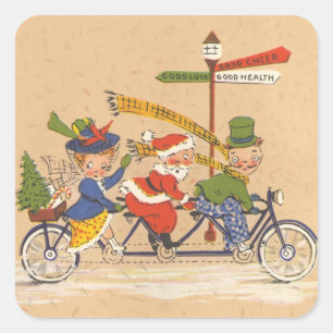 Vintage Christmas, Santa Claus Riding a Bicycle Square Sticker