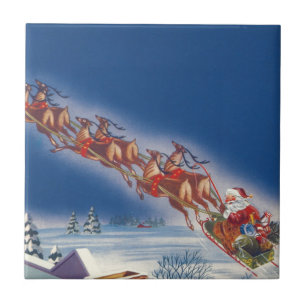Vintage Christmas, Santa Claus Sleigh and Reindeer Tile