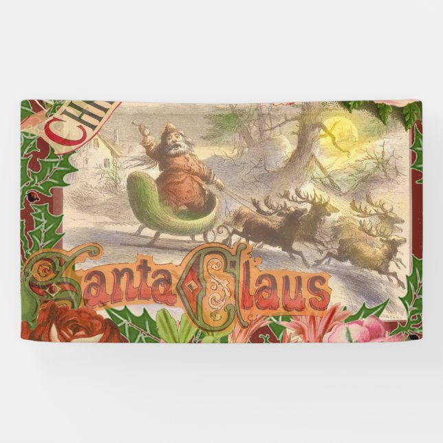 Vintage Christmas Santa Claus Sleigh Banner (Horizontal)