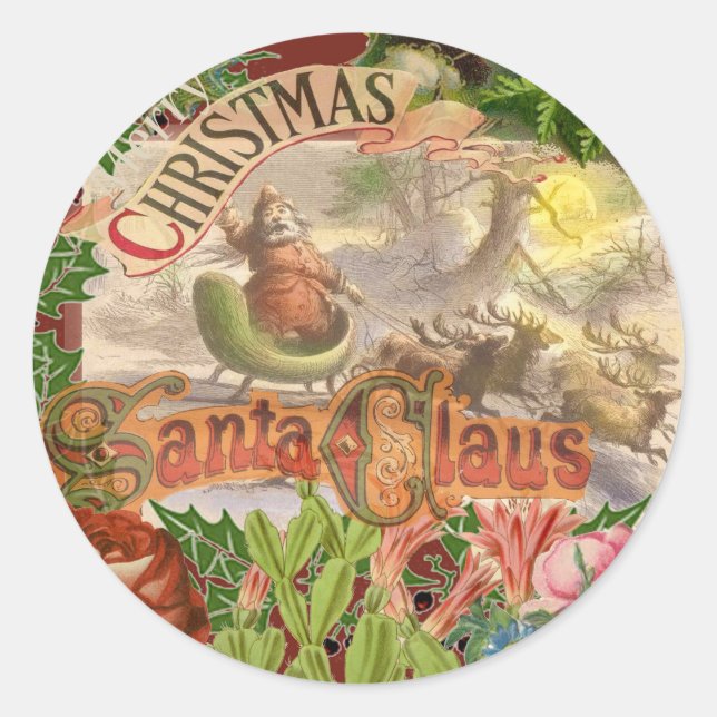 Vintage Christmas Santa Claus Sleigh Classic Round Sticker (Front)