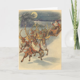 Vintage Christmas Santa Claus Sleigh with Reindeer Holiday Card