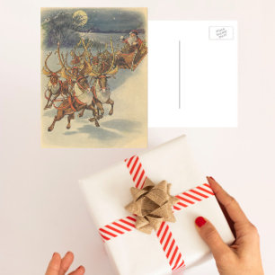 Vintage Christmas Santa Claus Sleigh with Reindeer Holiday Postcard